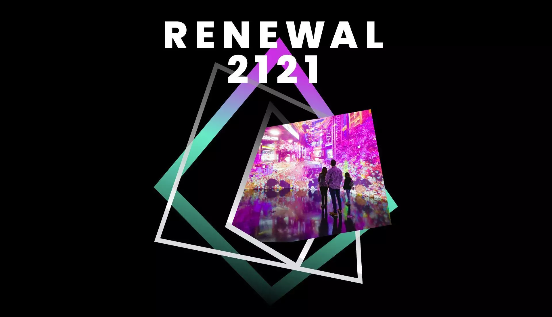 Renewal 2121 logo design with photograph of family looking at 270 degree projection art visuals